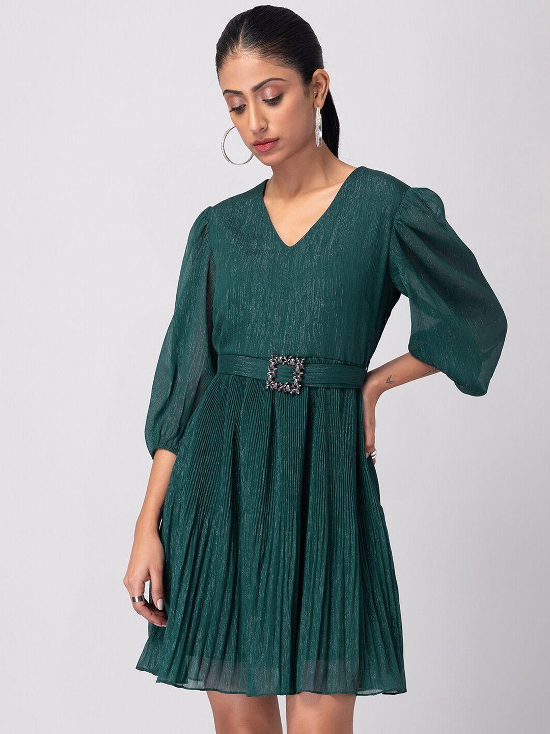 faballey v-neck puff sleeve georgette fit & flare dress