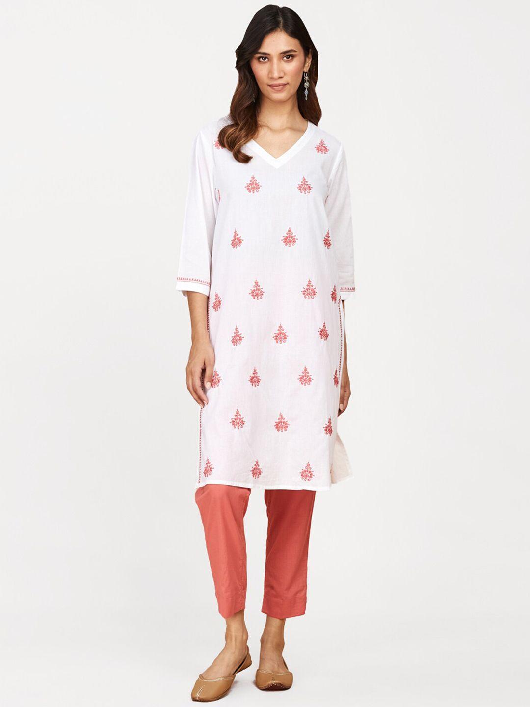 fabindia ethnic motif embroidered v neck pure cotton kurta