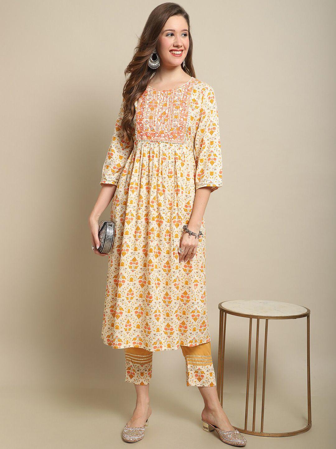 sangria white & yellow floral printed mirror work a-line kurta with trouser