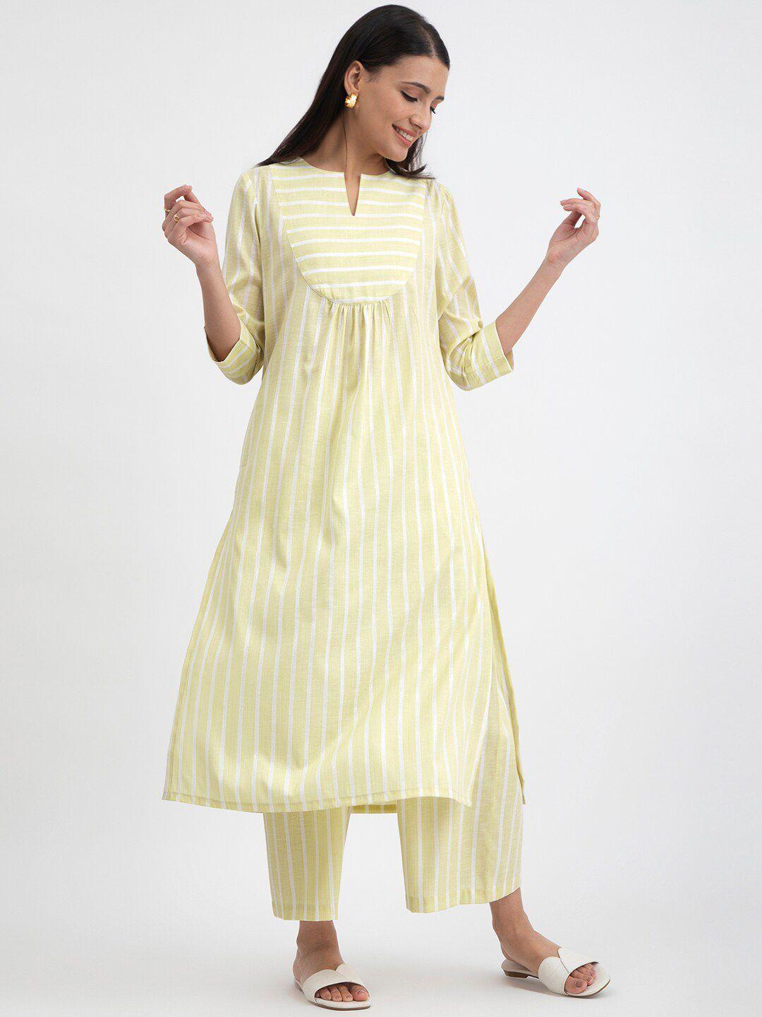 pink fort notched neck striped a-line kurta with palazzos