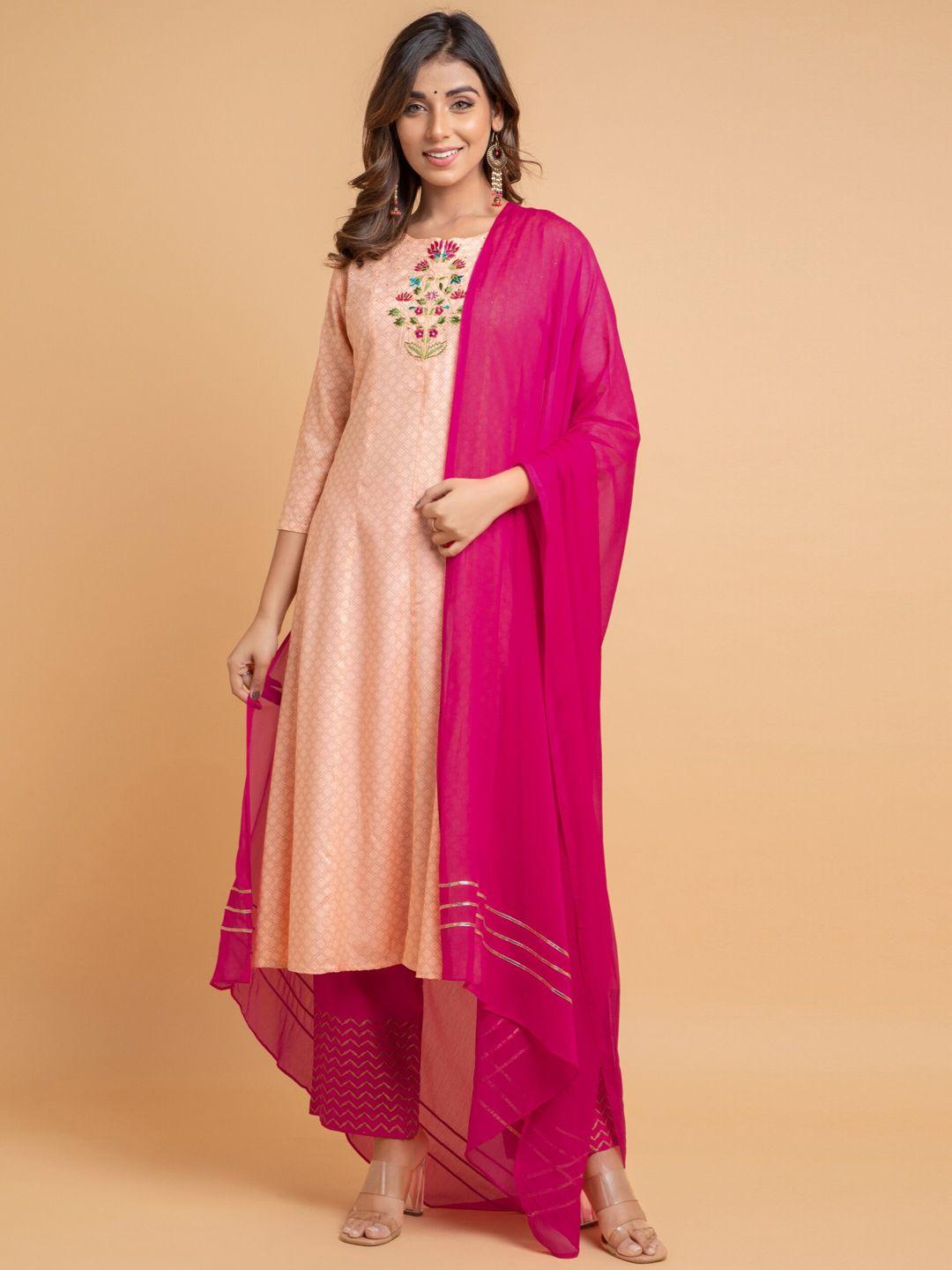 suti women peach-coloured embroidered regular kurta with palazzos & with dupatta