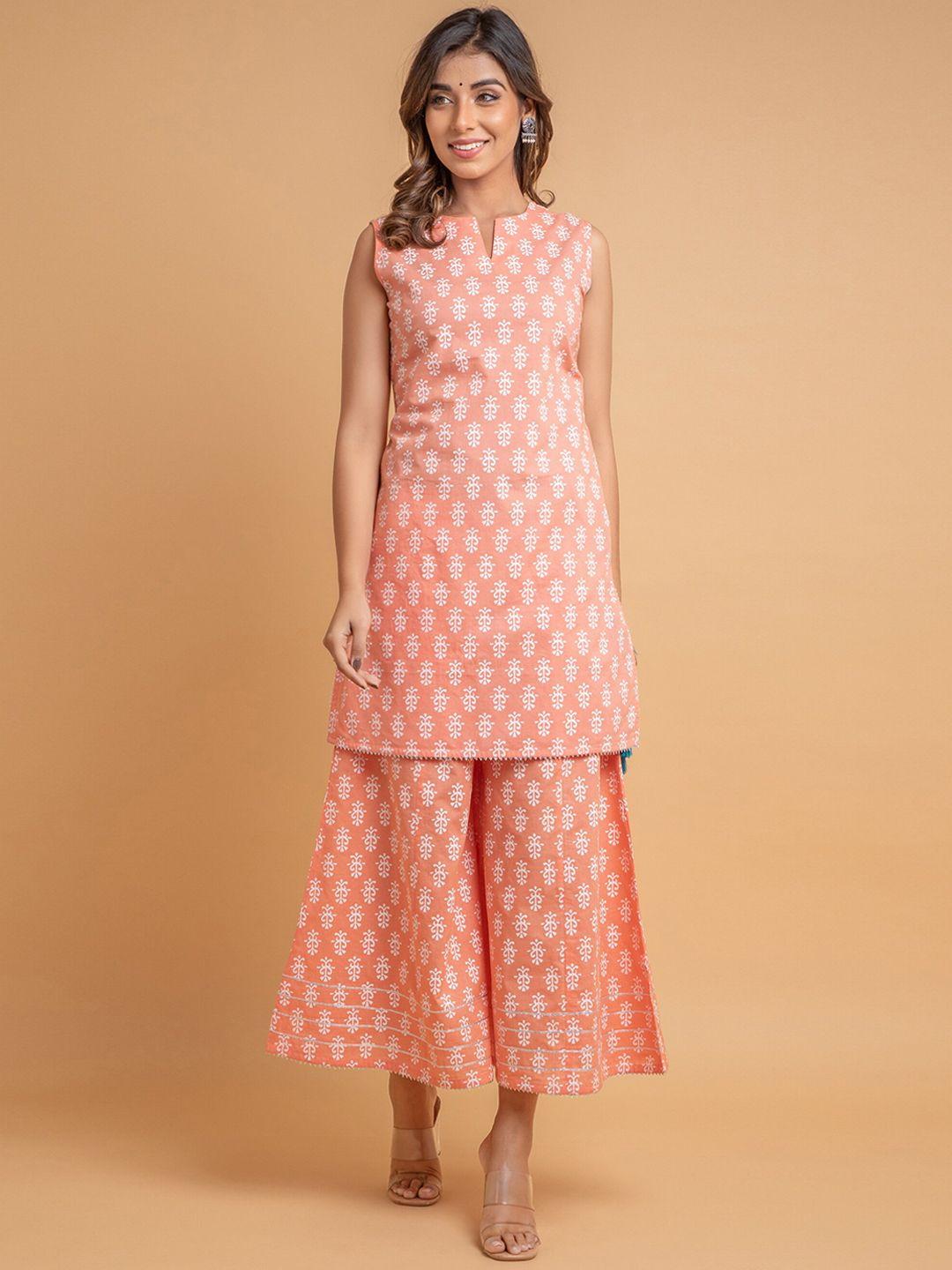 suti women peach-coloured floral printed regular pure cotton kurta with palazzos