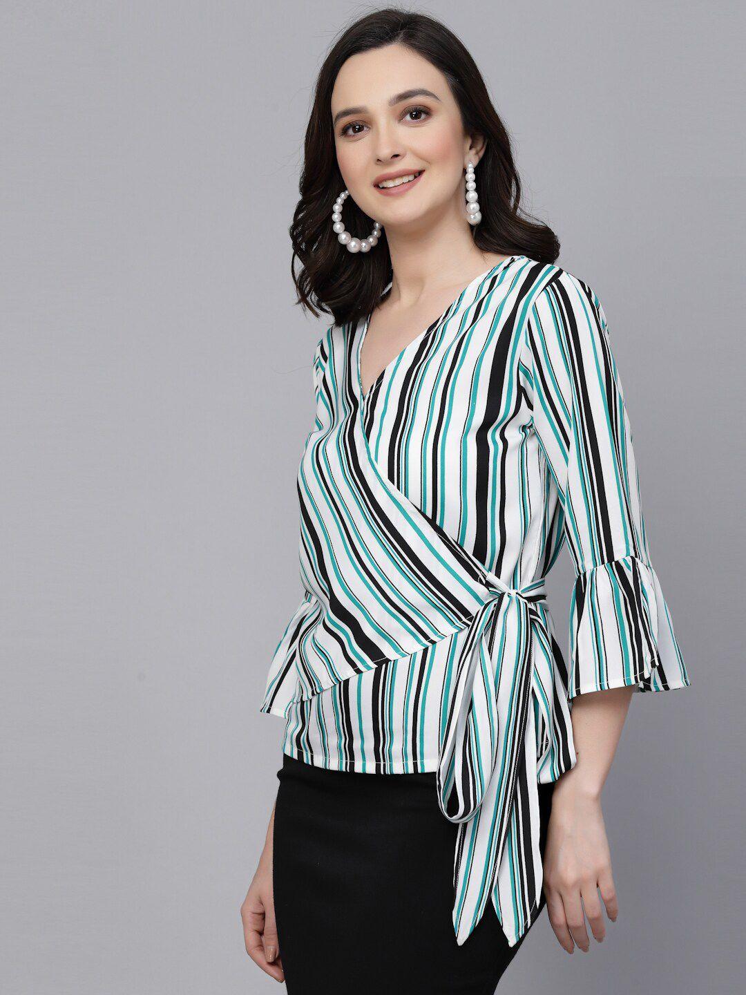 style quotient white & green striped v neck bell sleeve wrap top