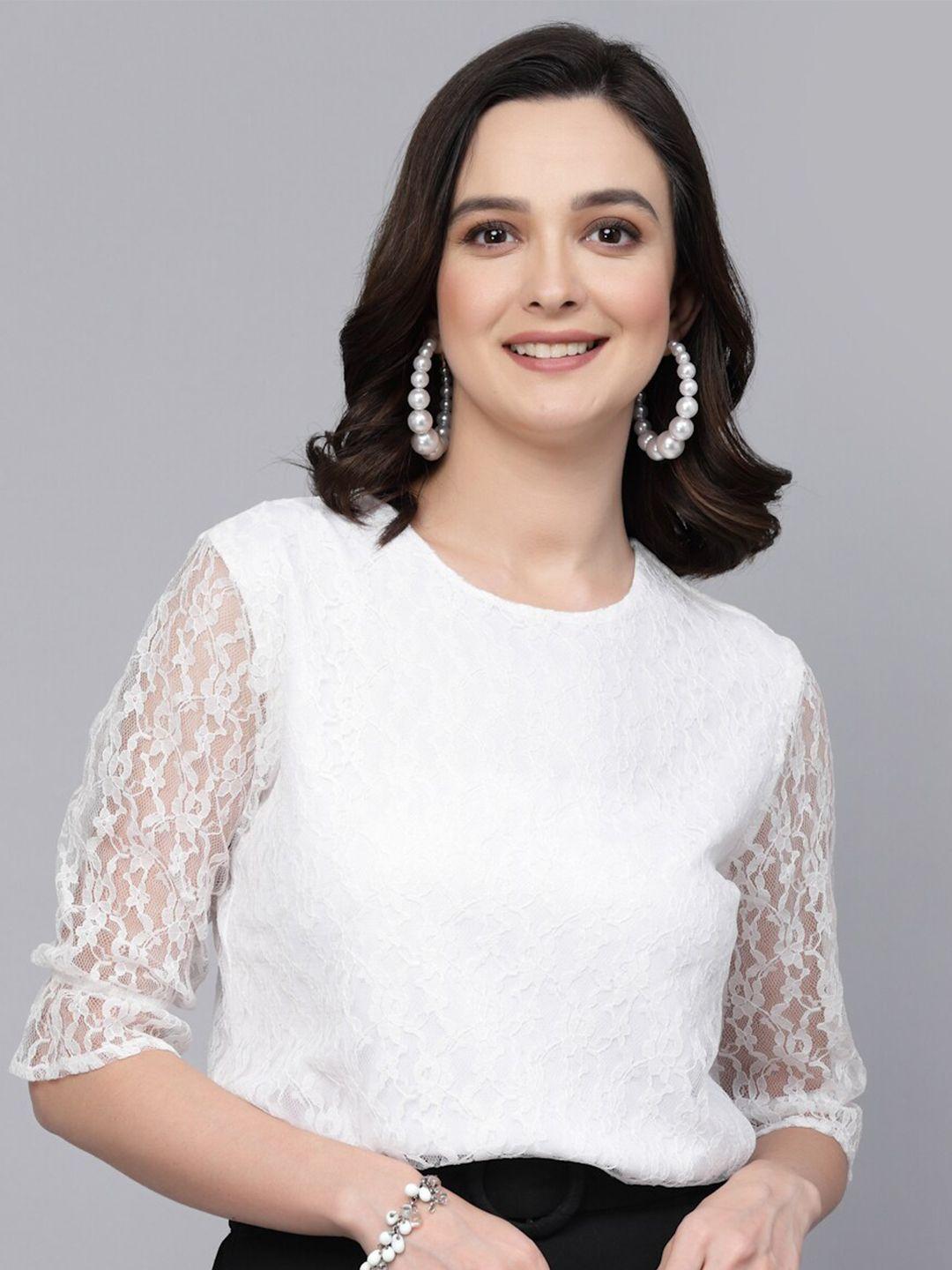 style quotient white round neck bell sleeves cotton lace top