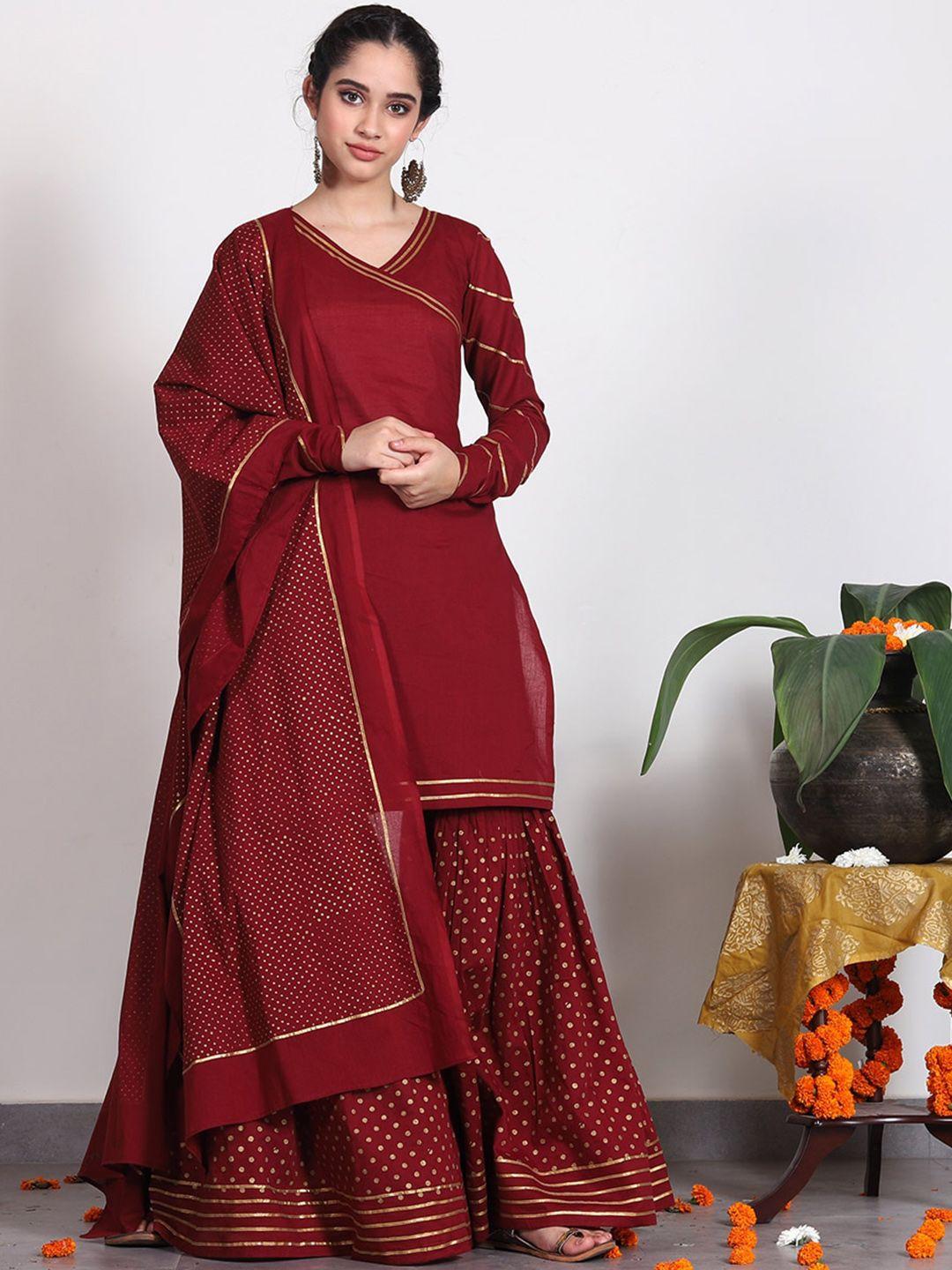 rustorange ethnic motifs printed angrakha kurta with salwar & with dupatta