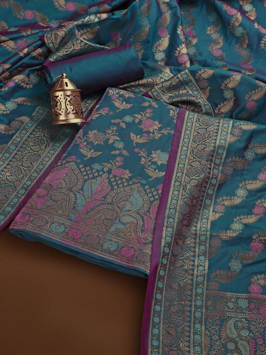 inddus teal blue & pink banarasi silk unstitched dress material