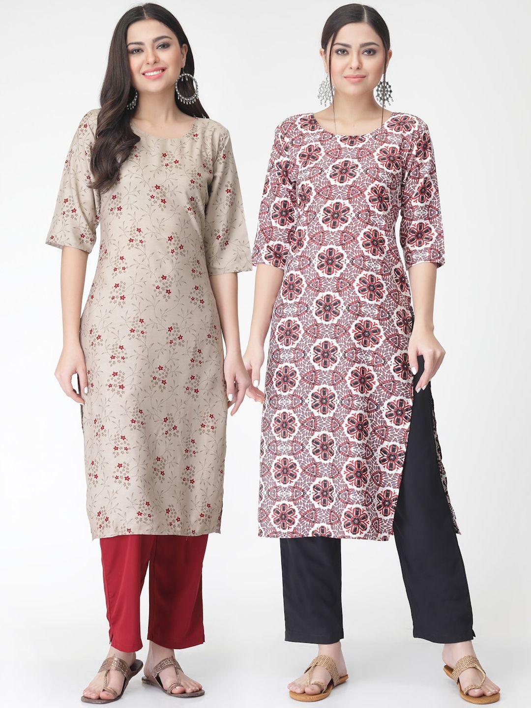 kalini pack of 2 printed straight kurta with trousers