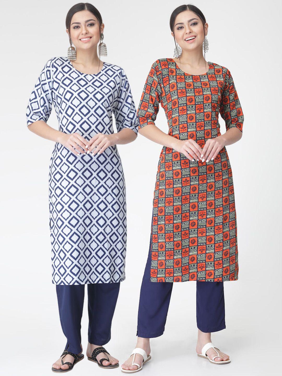 kalini pack of 2 printed straight kurta with trousers