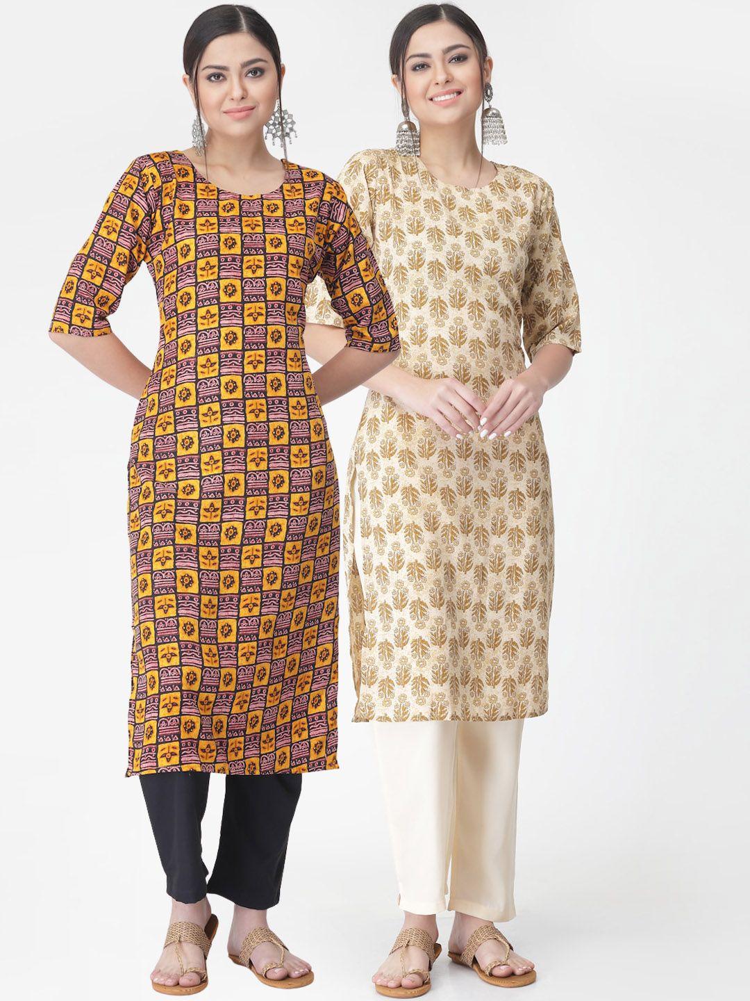 kalini pack of 2 printed straight kurta with trousers