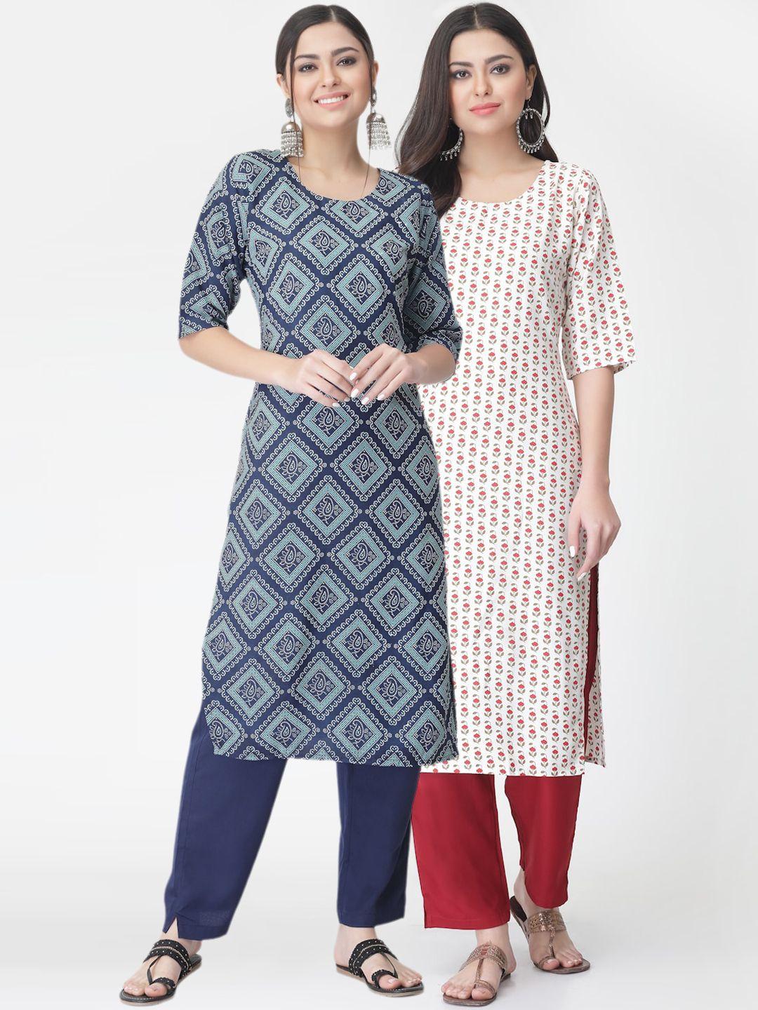 kalini pack of 2 printed straight kurta with trousers