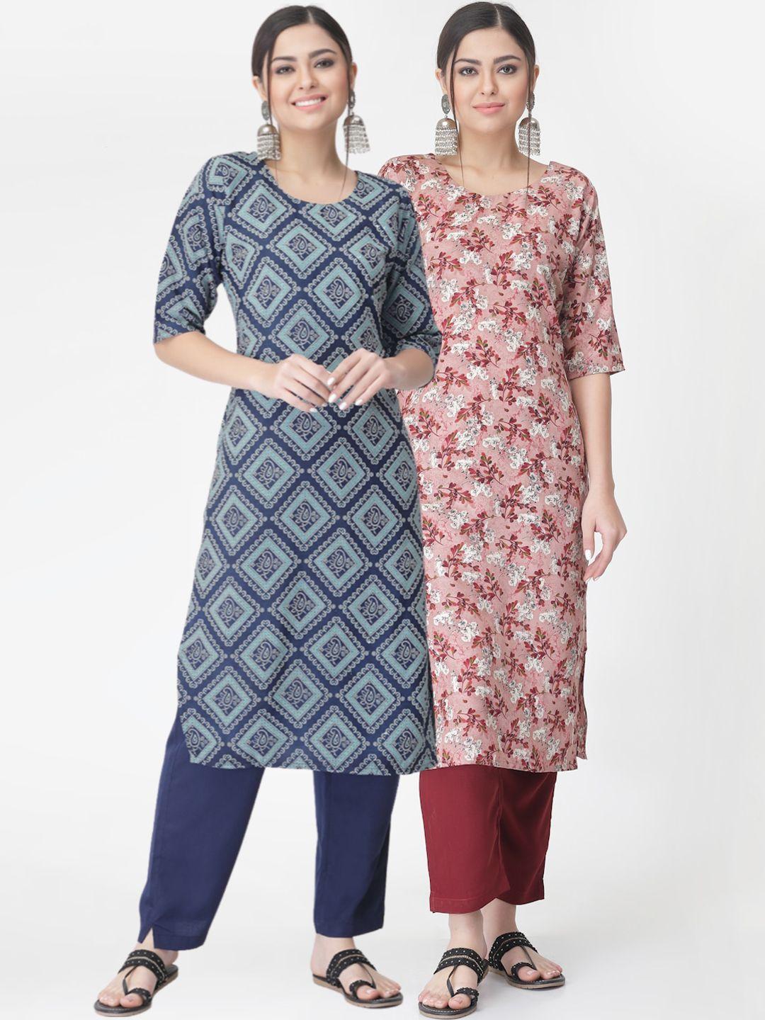 kalini pack of 2 printed straight kurta with trousers