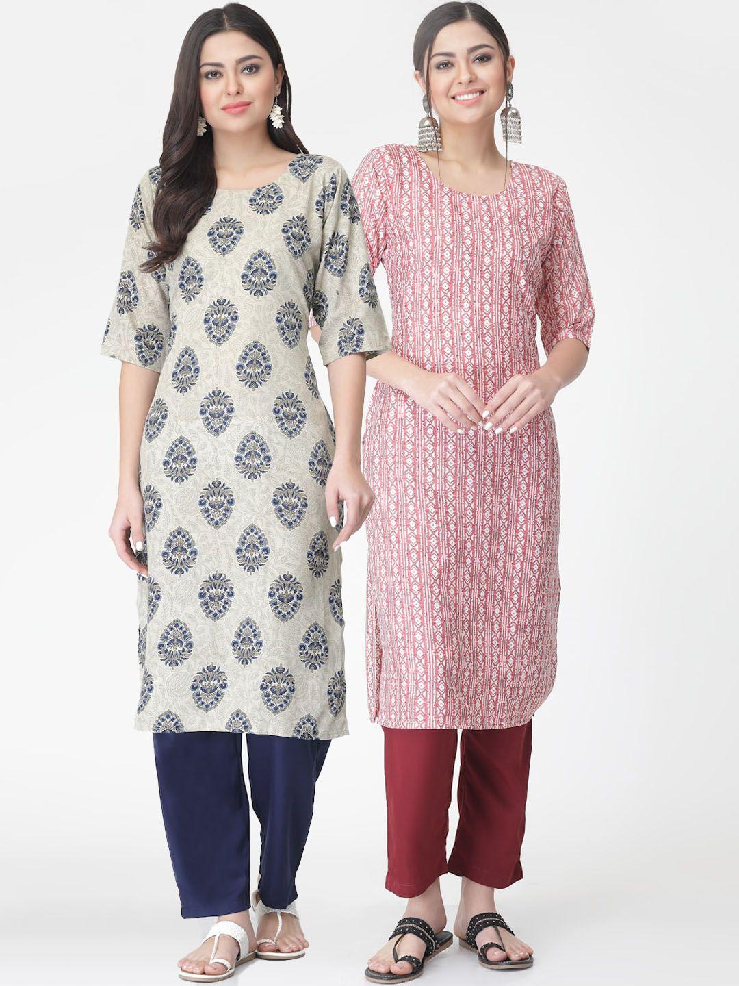 kalini pack of 2 printed straight kurta with trousers