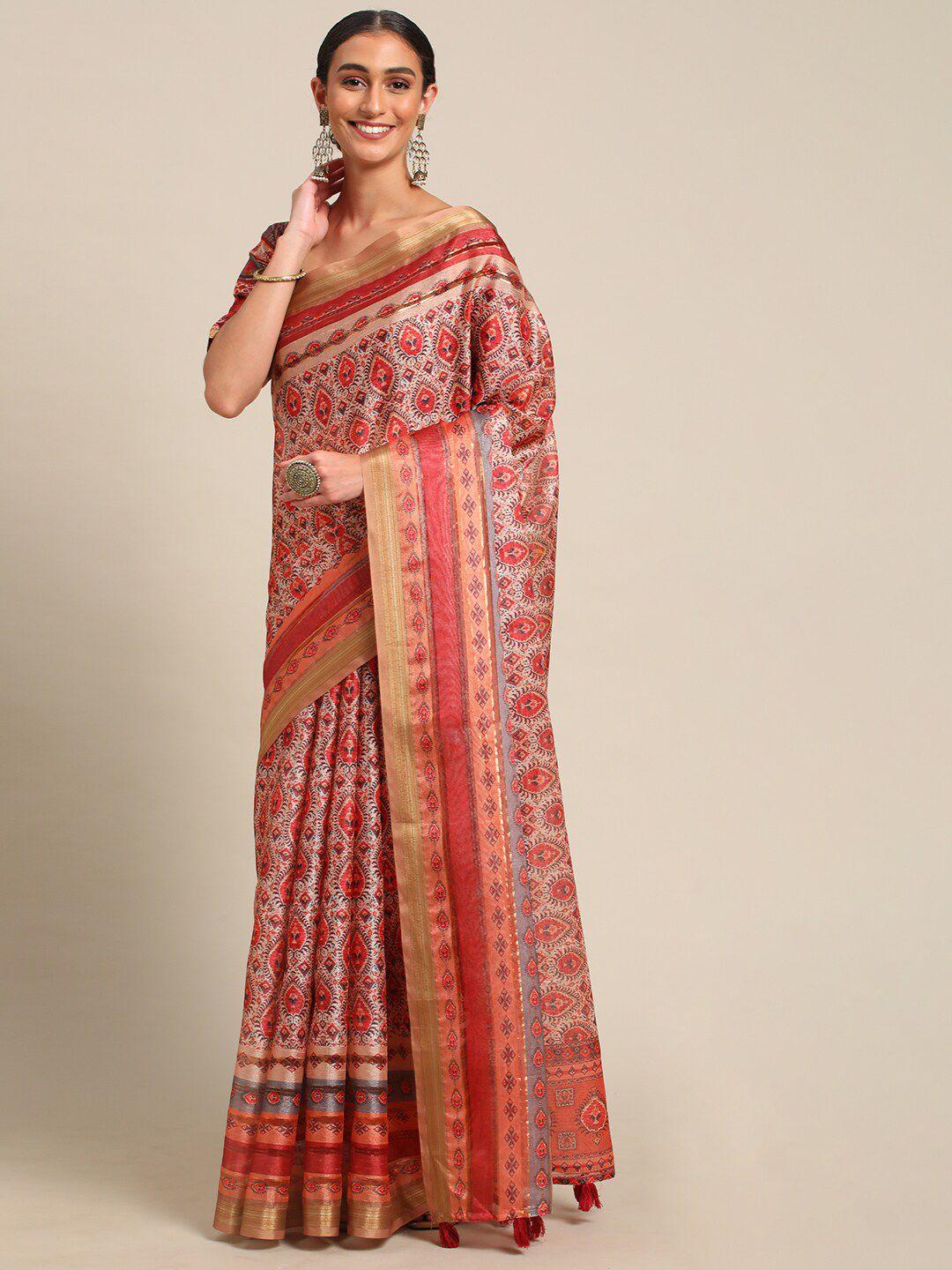 all about you peach-coloured & pink ethnic motif printed georgette saree