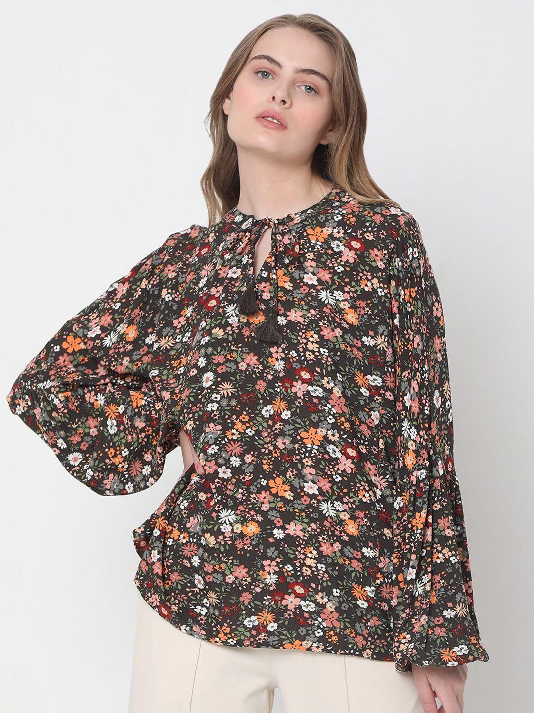 vero moda floral printed tie-ups neck puff sleeve top