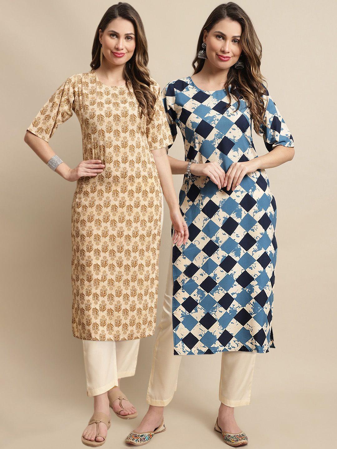 kalini pack of 2 printed straight kurta with trousers