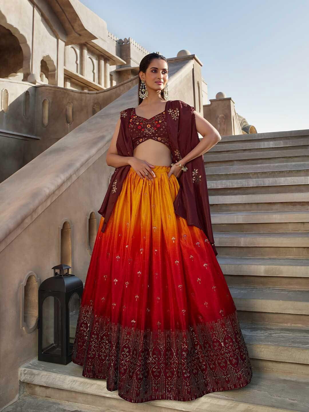 shubhkala embroidered mirror work semi-stitched lehenga & unstitched blouse with dupatta