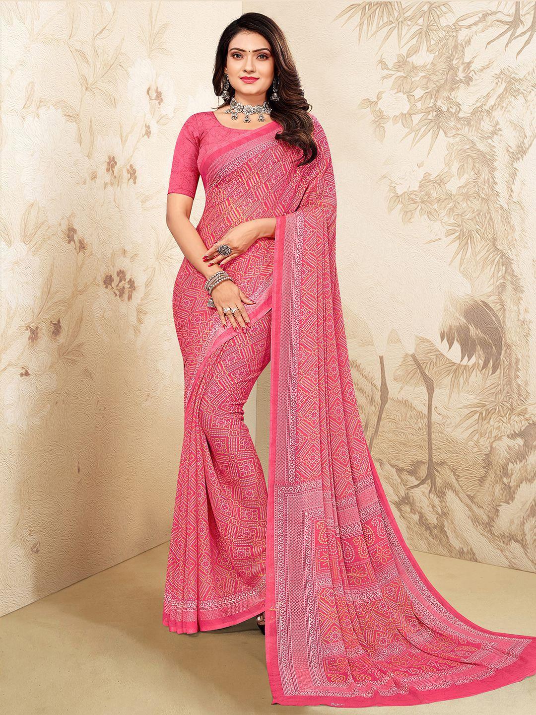 mitera pink & white bandhani printed saree