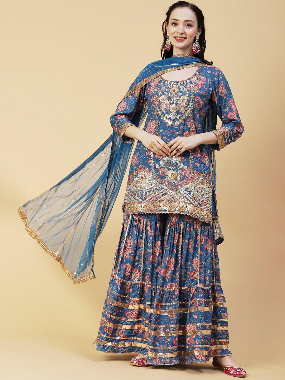 envy me by fashor floral printed gotta patti kurti with sharara & dupatta