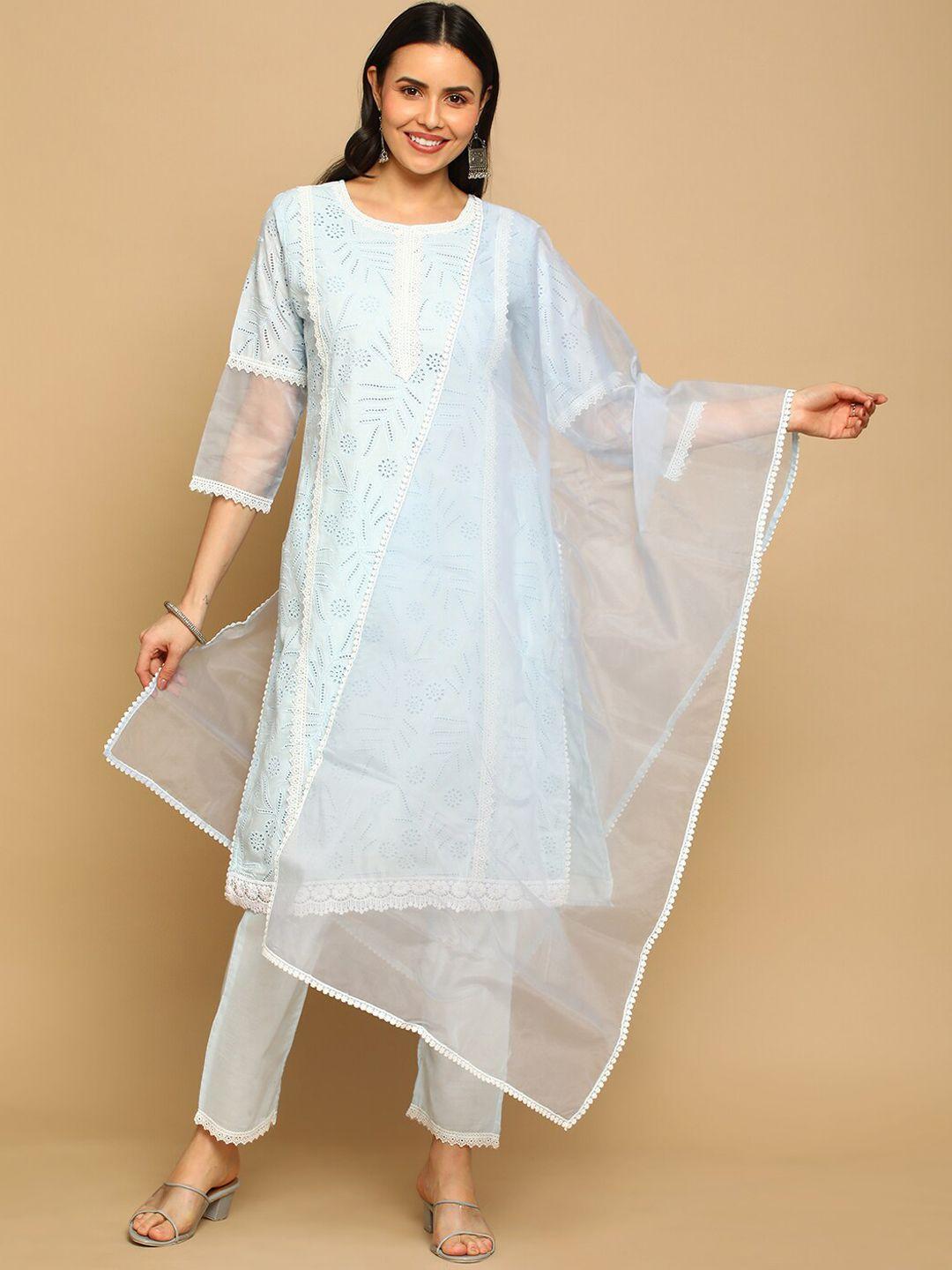 heeposh schiffli pure cotton kurta with trousers & dupatta