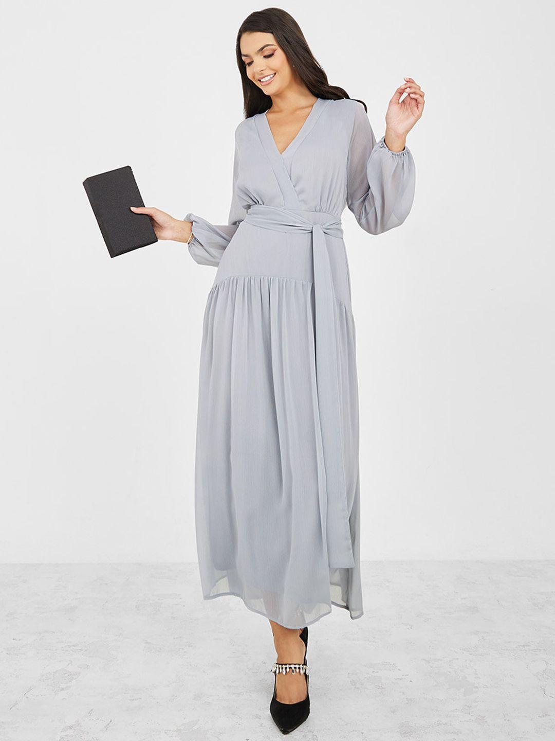 styli grey v-neck wrap maxi dress