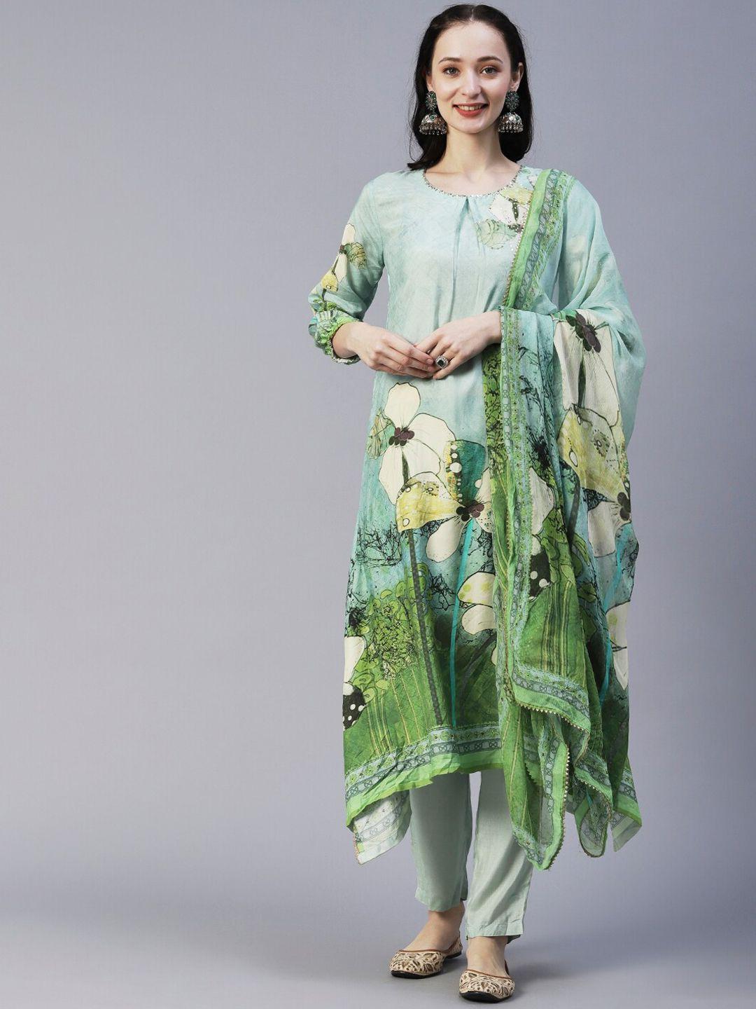 envy me by fashor floral printed sequined asymmetric kurta with trousers & dupatta