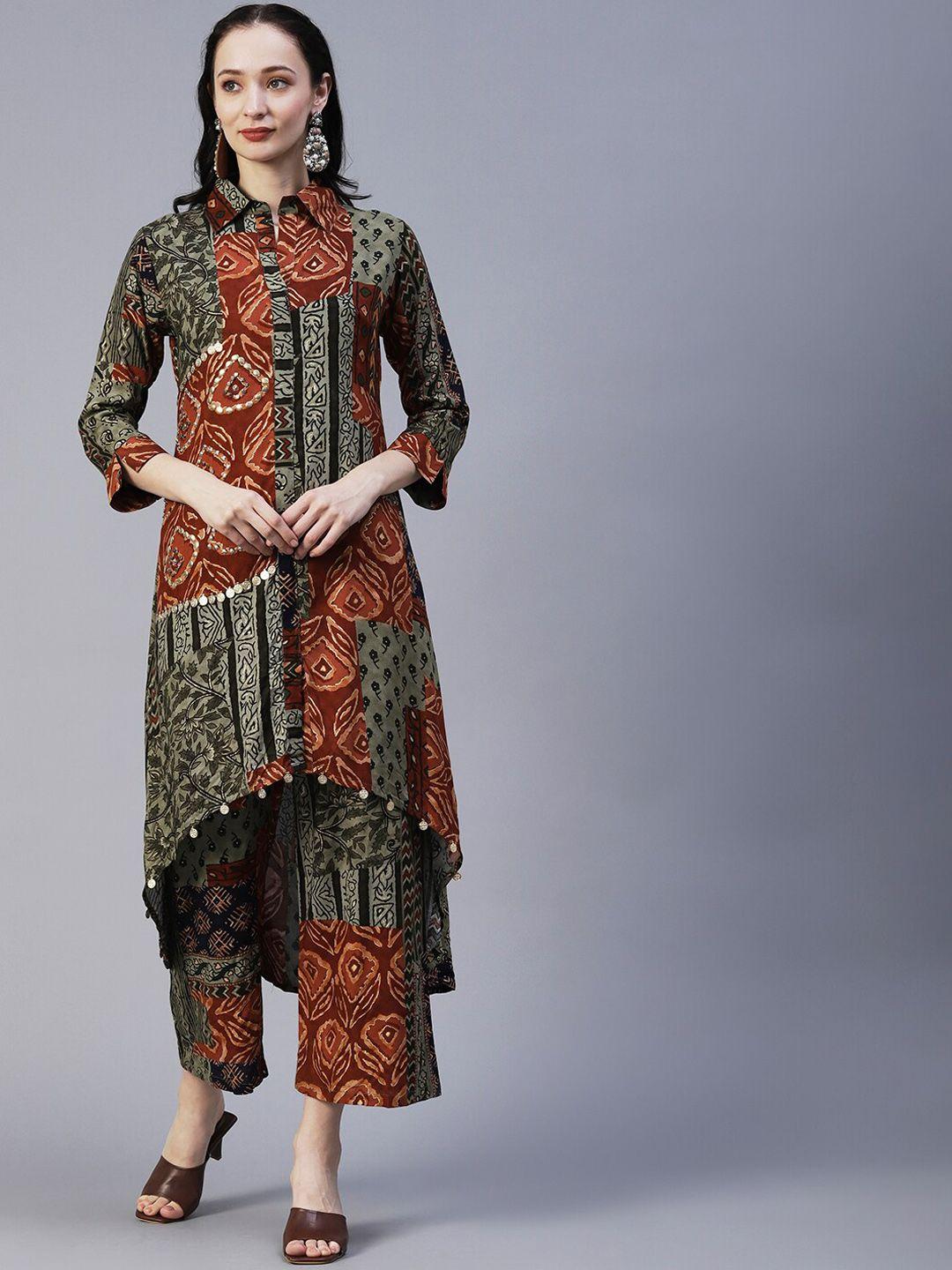 envy me by fashor ethnic motifs printed high-low kurta with palazzos