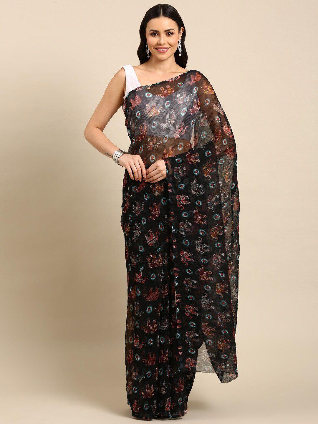 anouk black & red ethnic motifs pure chiffon saree