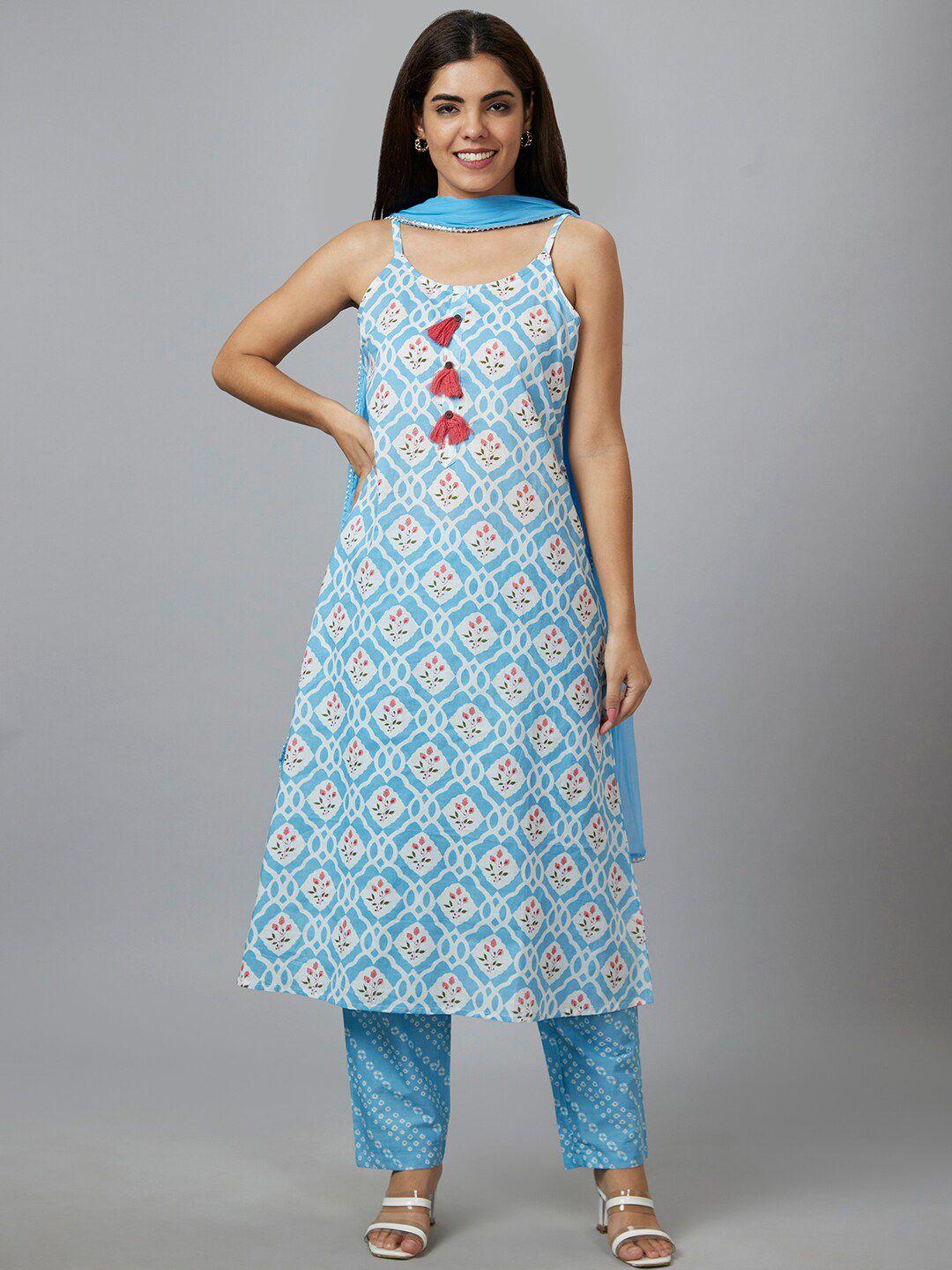 globus turquoise blue & white printed pure cotton a-line kurta with trousers & dupatta