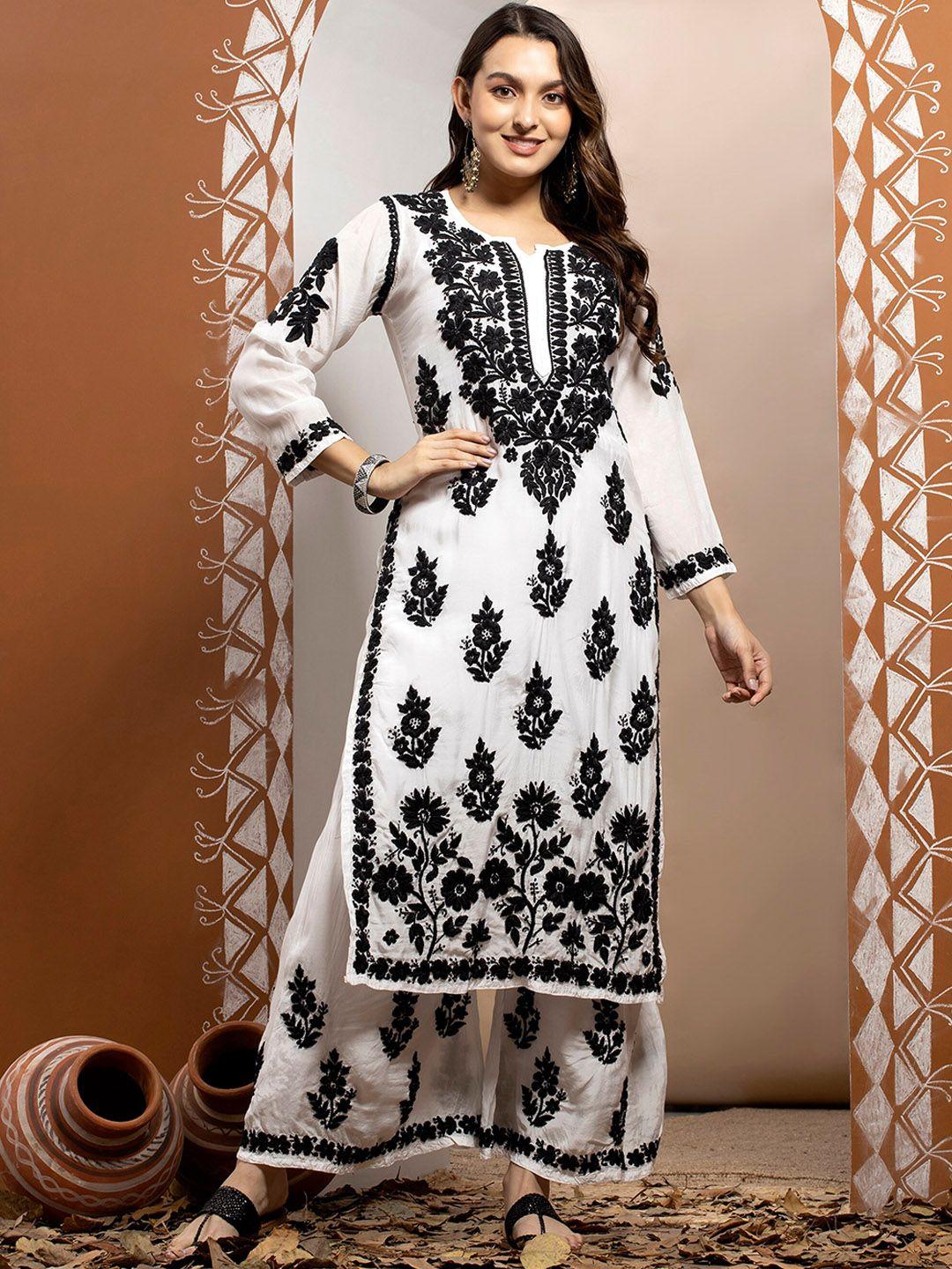 paramount chikan floral embroidered chikankari kurta with palazzos