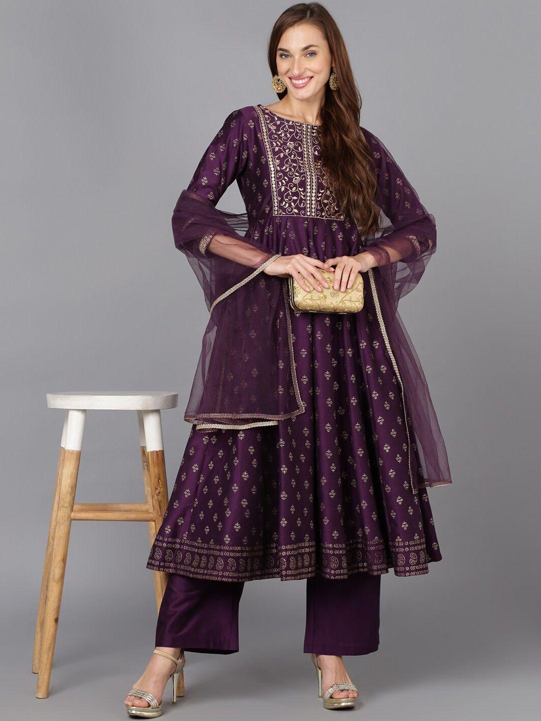 ahika floral printed mirror work kurta with palazzos & dupatta