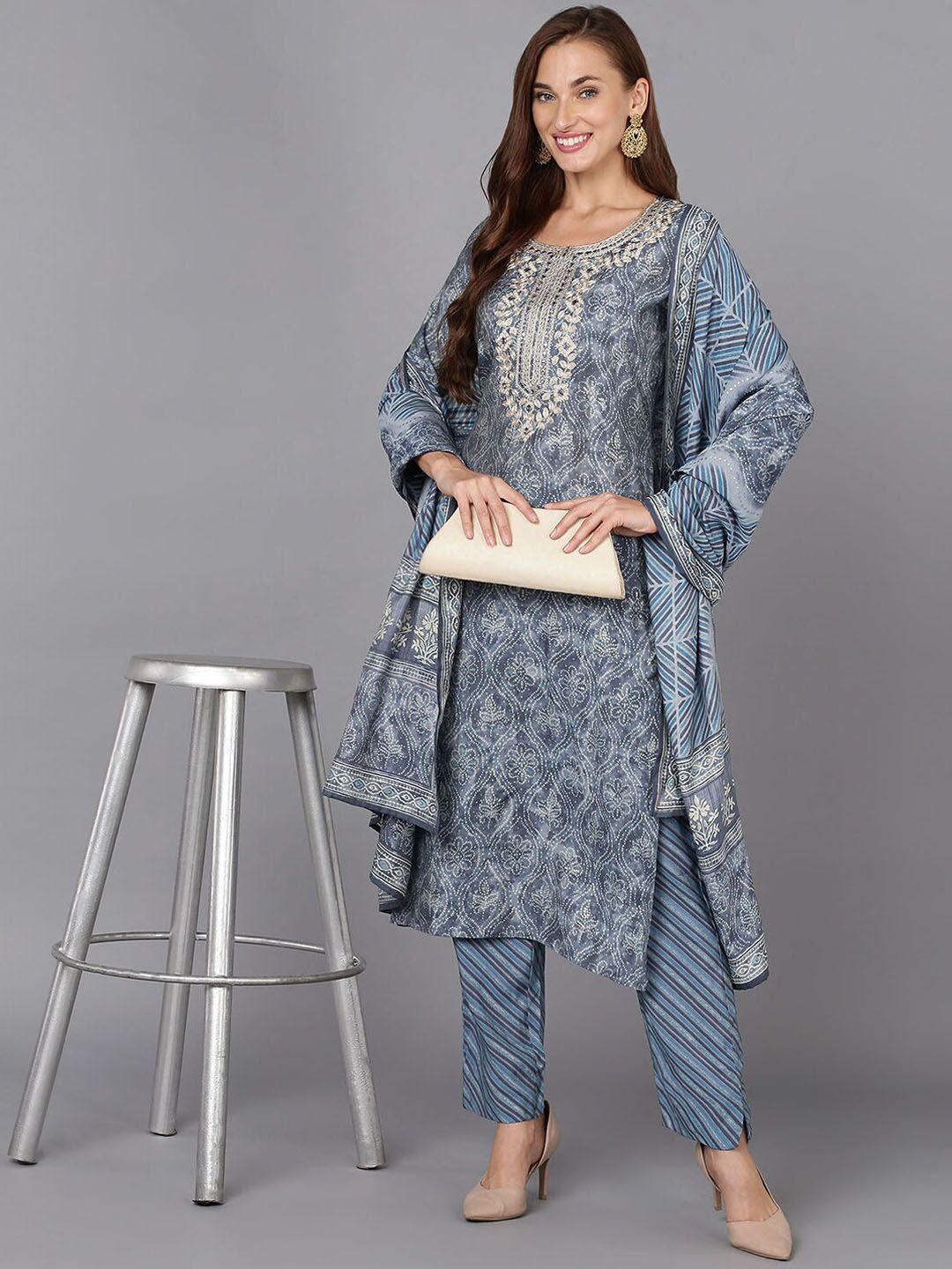 ahika ethnic motifs embroidered mirror work kurta with trousers & dupatta