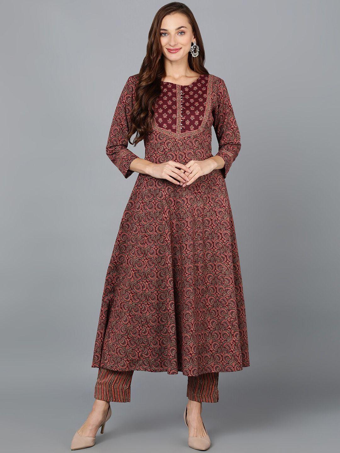 ahika maroon & orange ethnic motifs printed anarkali kurta with trousers