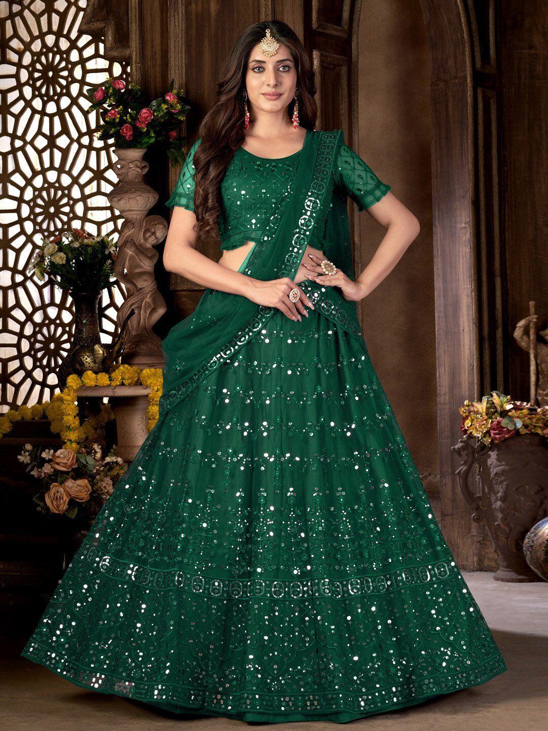 kvsfab green embroidered sequinned semi-stitched lehenga choli with dupatta