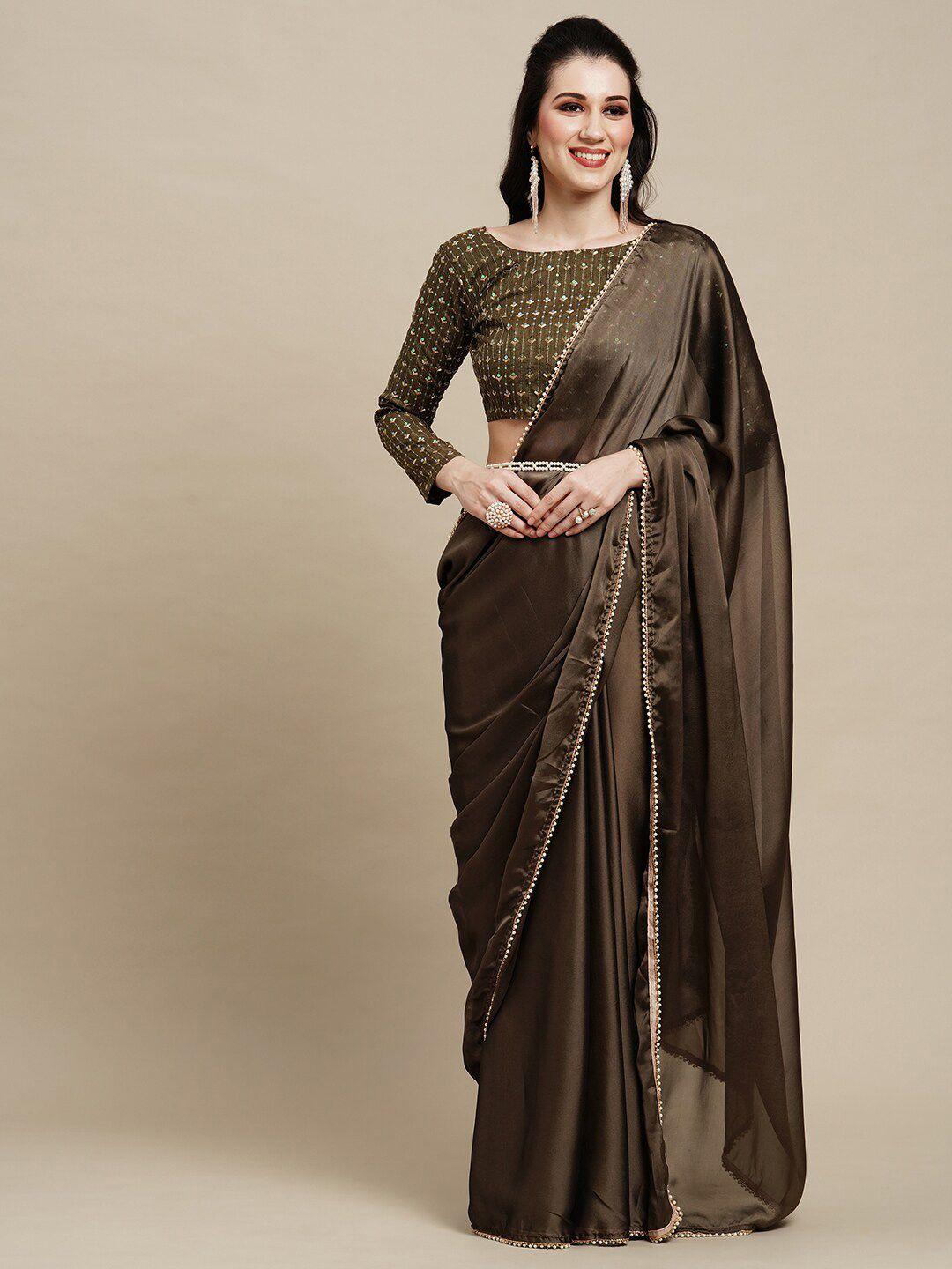 anouk olive green & gold-toned embellished pure georgette saree