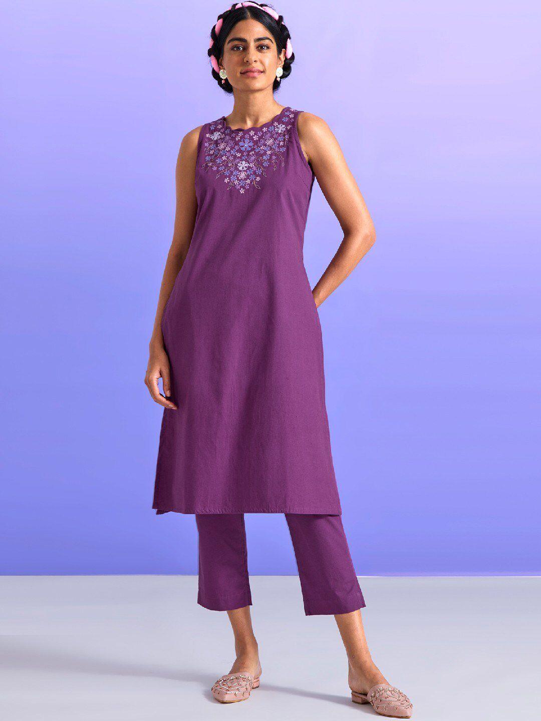 okhai floral embroidered thread work pure cotton kurta with trousers