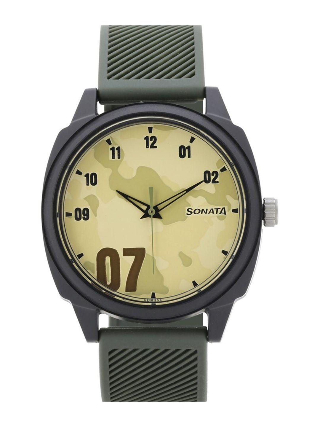 sonata men printed dial & bracelet style straps analogue watch- 77086pp10w