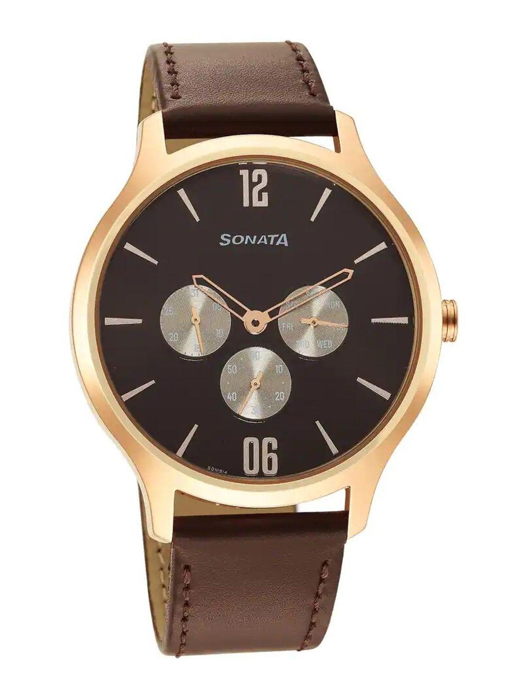 sonata men round dial & leather straps analogue watch- 7140wl01