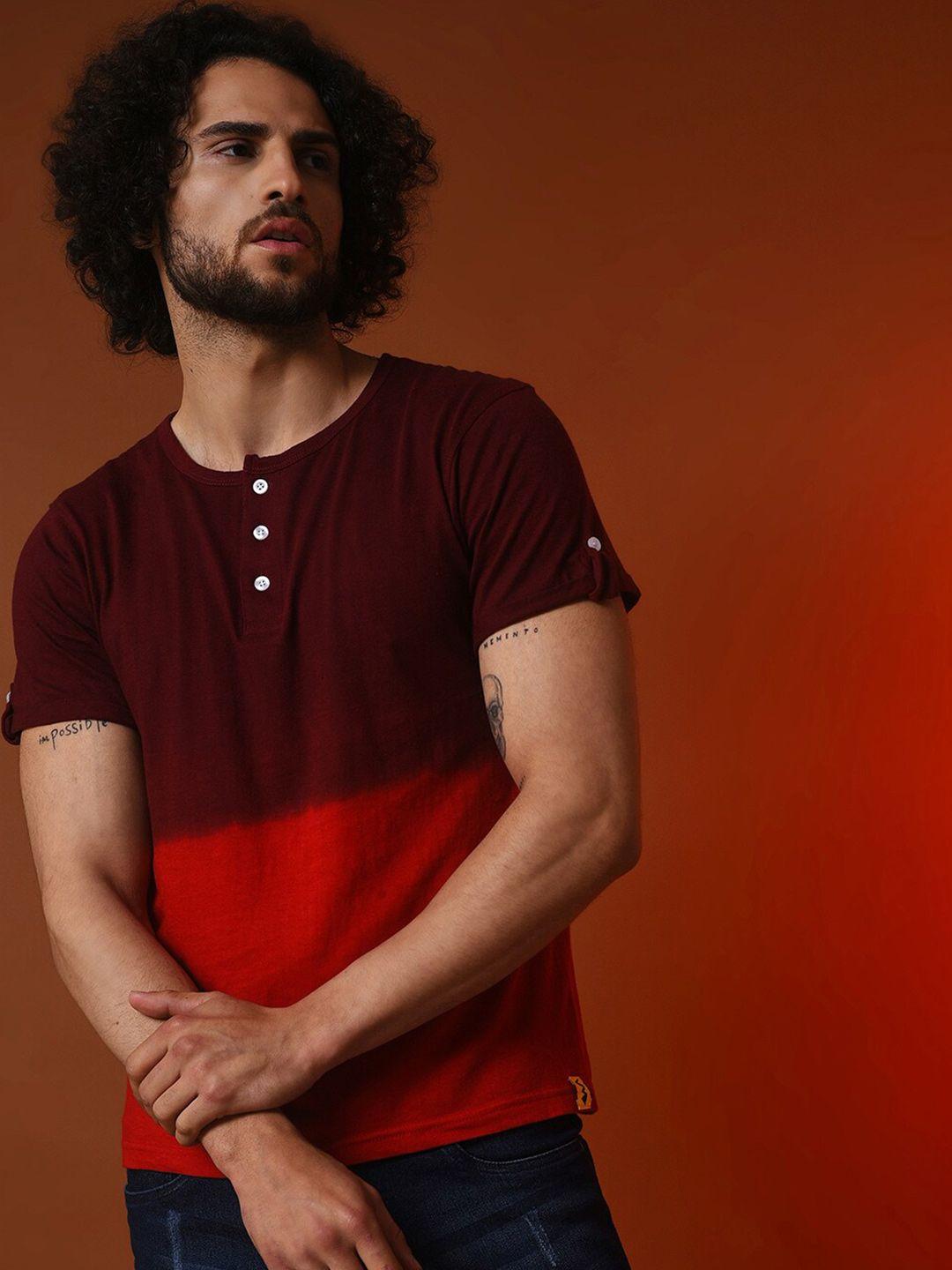 campus sutra colourblocked henley neck cotton t-shirt