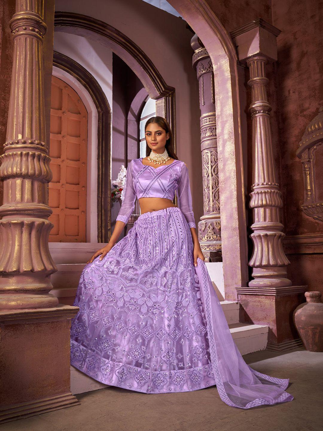 all about you violet embroidered sequinned semi-stitched lehenga & unstitched blouse with dupatta