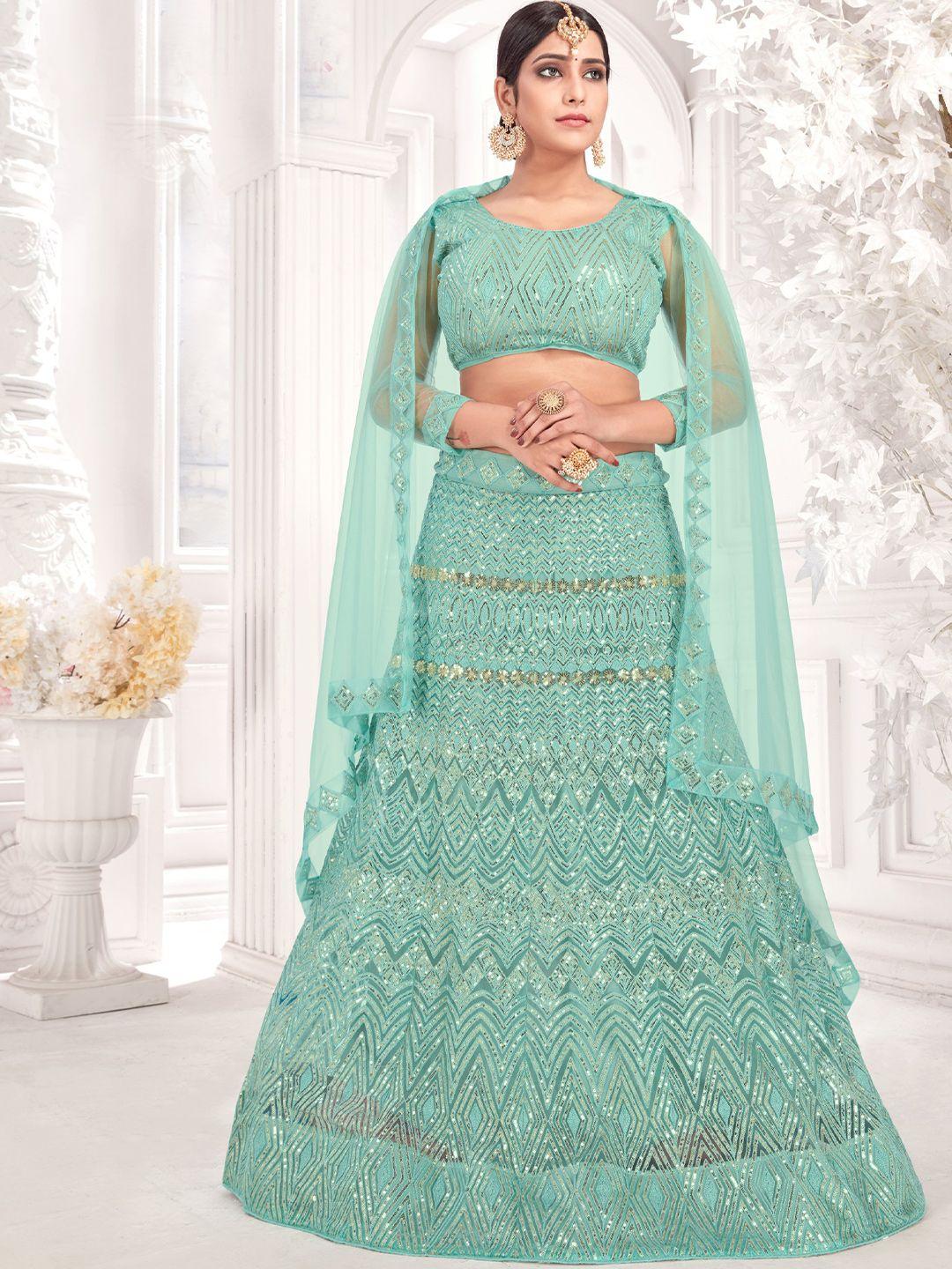 all about you sea green embroidered sequinned semi-stitched lehenga & unstitched blouse with dupatta