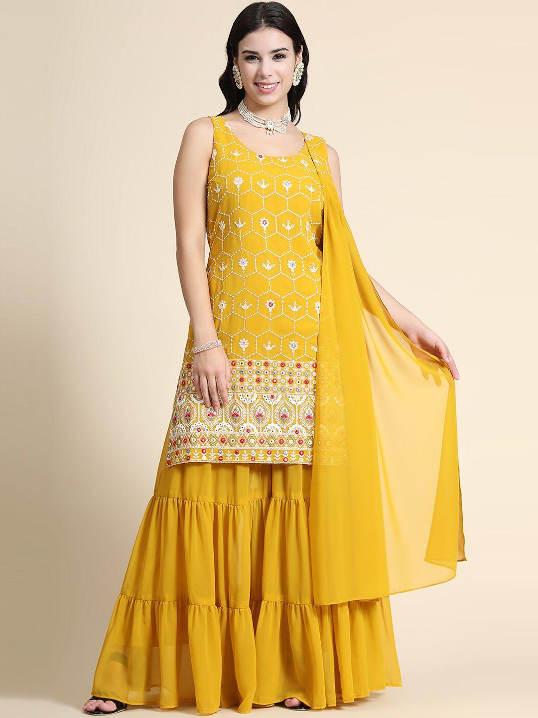 kalini ethnic motifs embroidered thread work kurta with sharara & dupatta