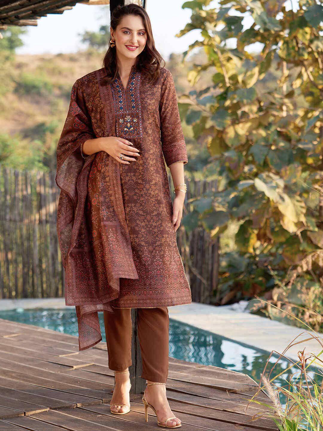 zola women floral printed regular chanderi silk kurta with trousers & with dupatta