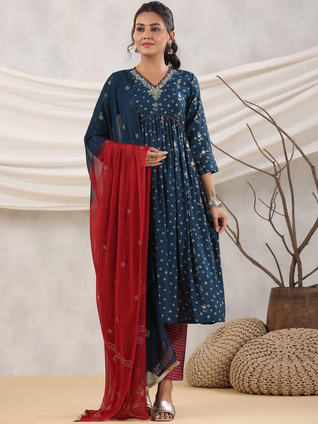 rain & rainbow bandhani printed empire kurta with trousers & dupatta