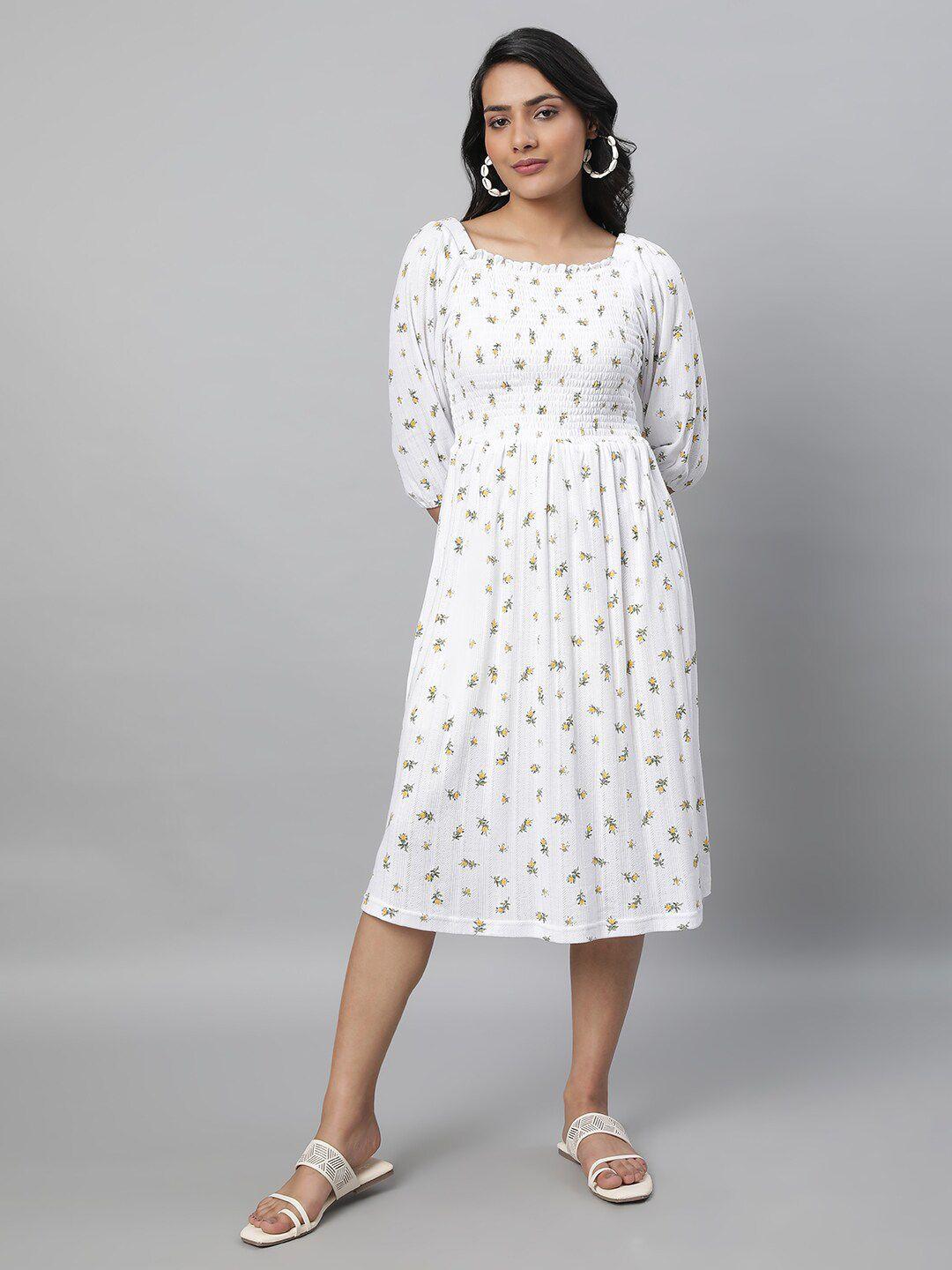 aurelia floral printed puff sleeve smocked fit & flare midi dress