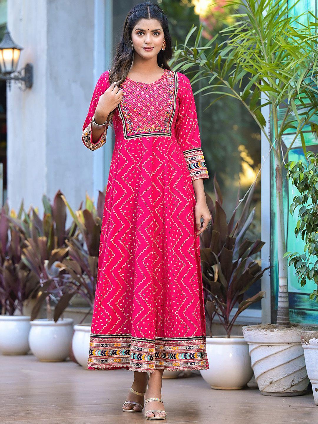 ramas printed maxi embroidered a-line ethnic dress