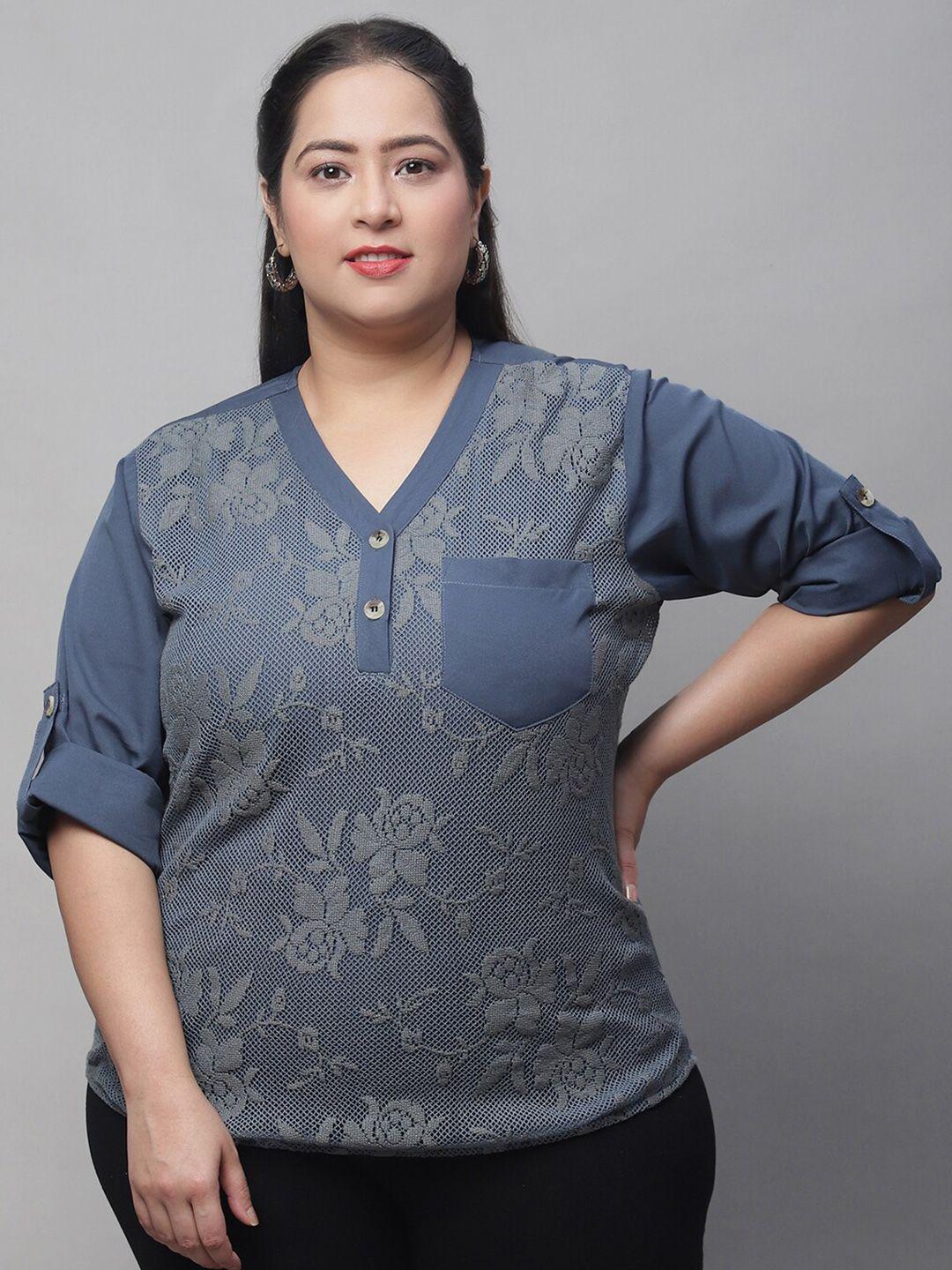 flambeur plus size floral printed roll-up sleeves net top