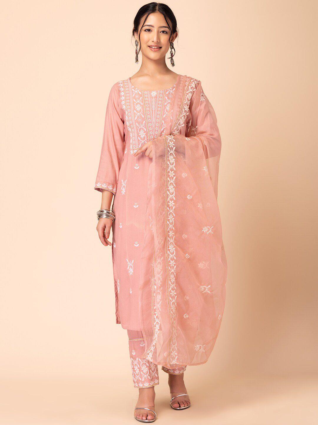 indya ethnic motifs embroidered zari kurta with trouser & dupatta