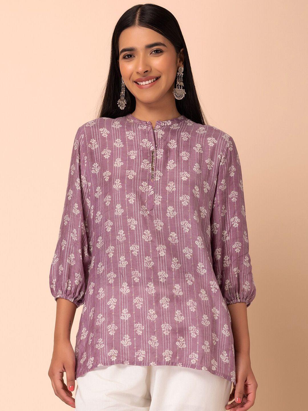 indya floral printed mandarin collar straight kurti