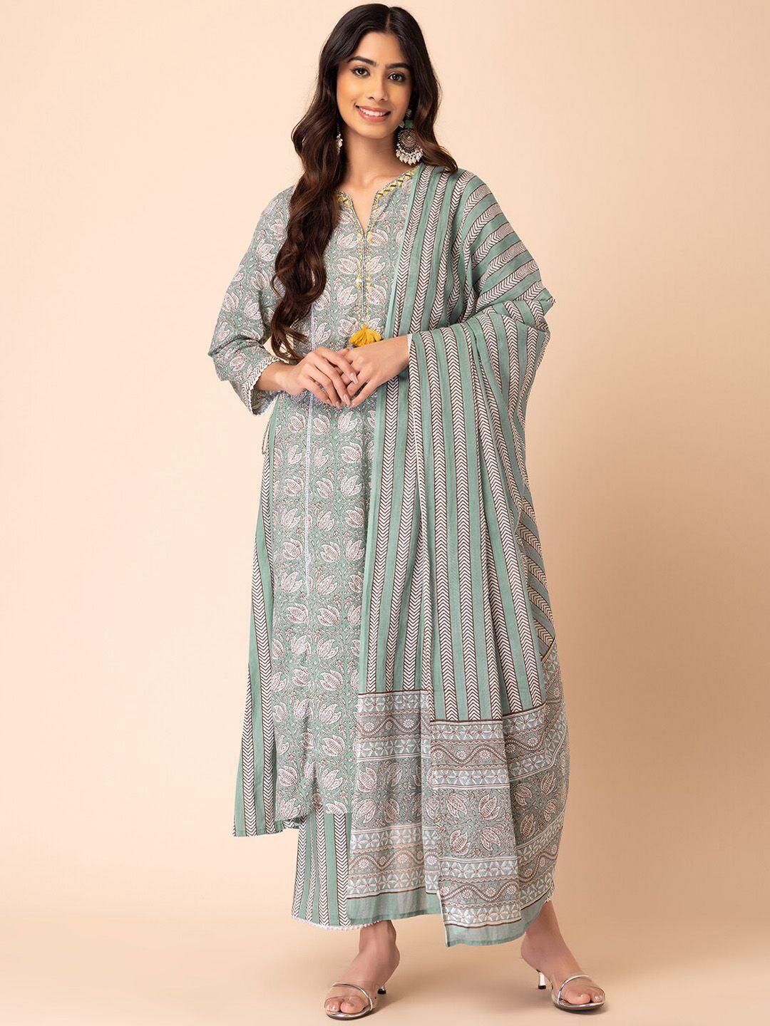 indya floral pure-cotton a-line kurta with palazzos & dupatta