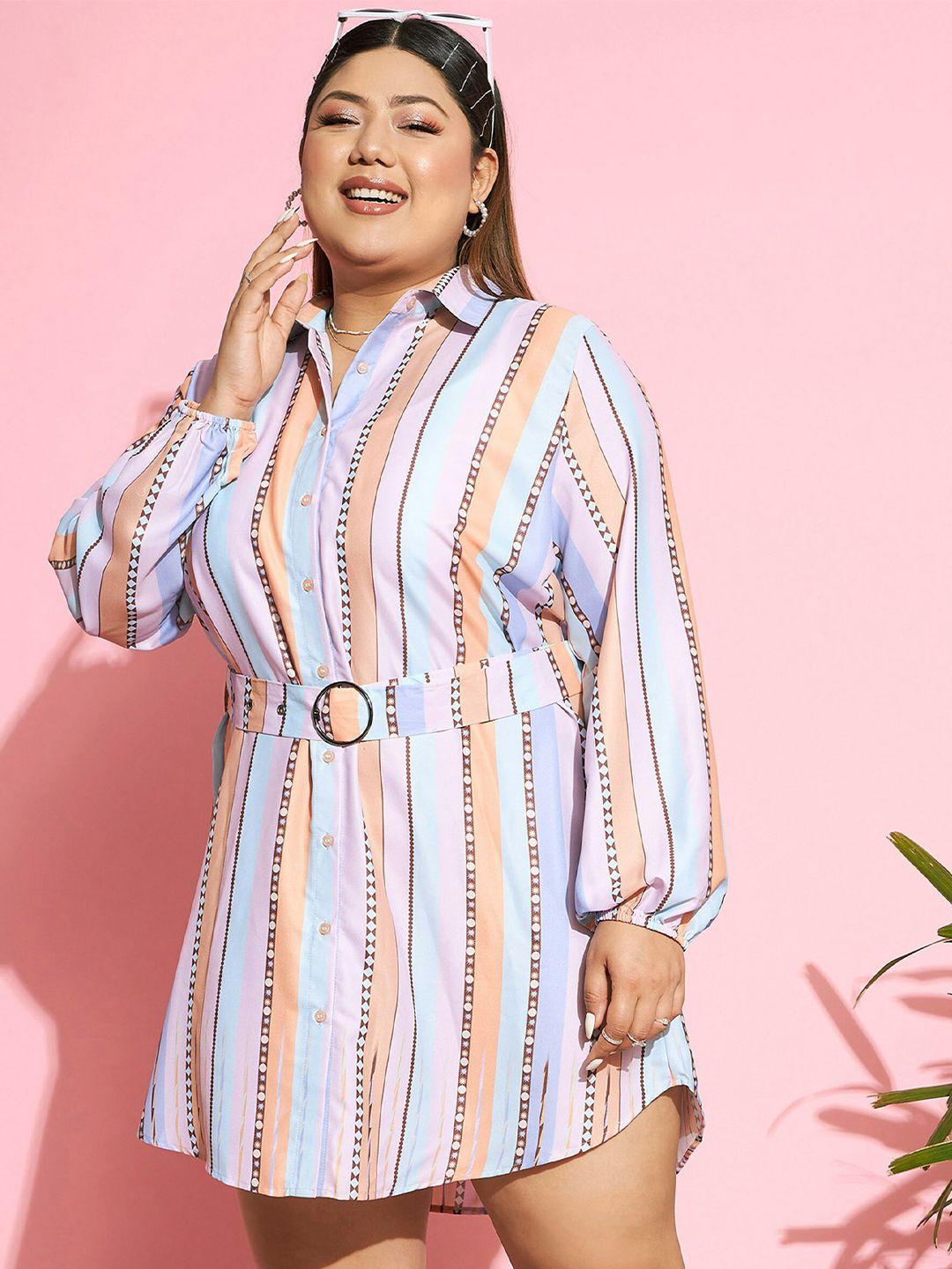 sassafras curve blue & peach striped puff sleeves belted shirt dress